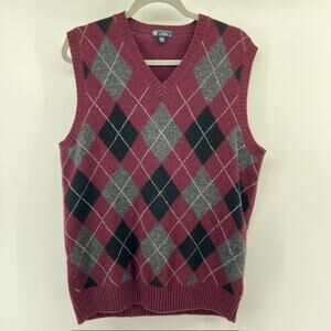 J Crew 100% Lambswool Argyle Sweater Vest Pullover Mens M Burgundy Gray Preppy